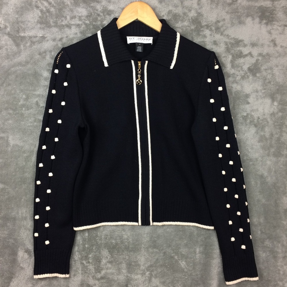 St John Collection Black Santana Knit Full Zip Sweater Jacket Pom Pom Womens 4